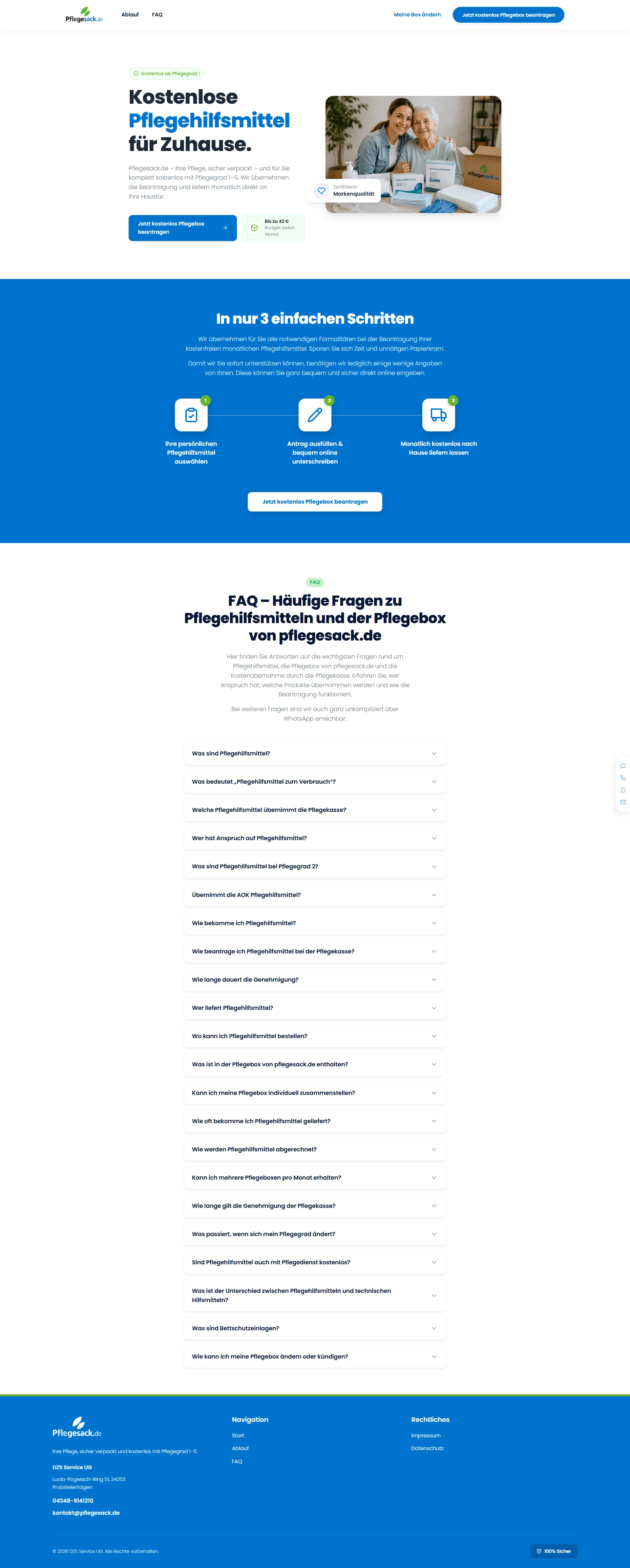 Webdesign Projekt Pflegesack One-Pager